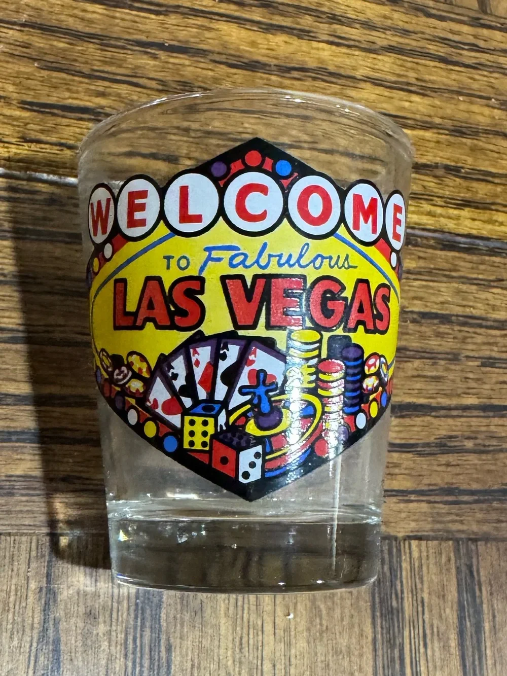 Las Vegas Welcome Shot Glass - Yellow and Red Casino Graphic